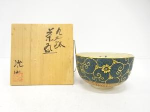 九谷焼　洸仙造　青粒　花唐草　茶碗